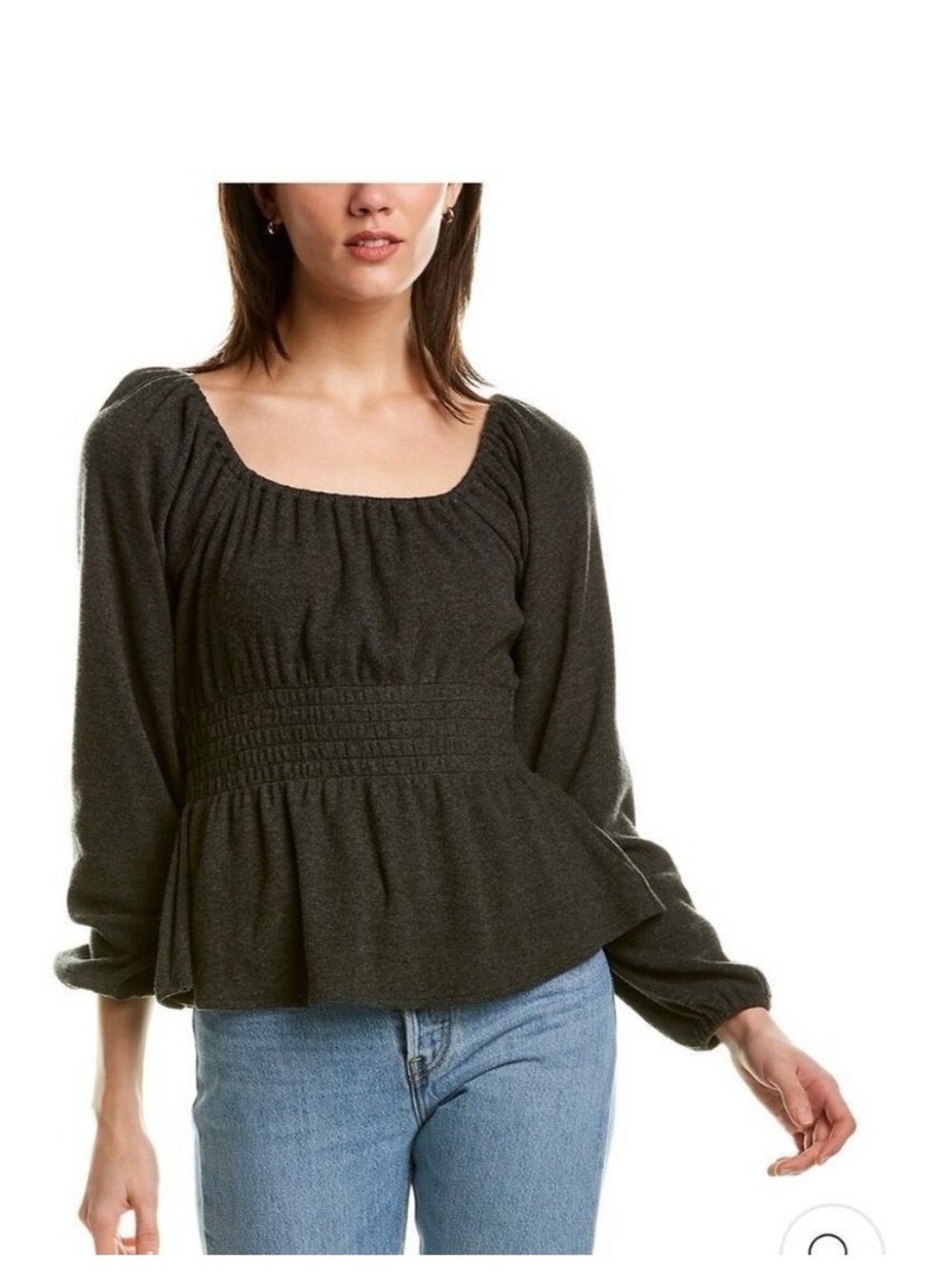 Madewell Dark Gray Plush Smocked-Waist Peplum Long-Sleeve Top